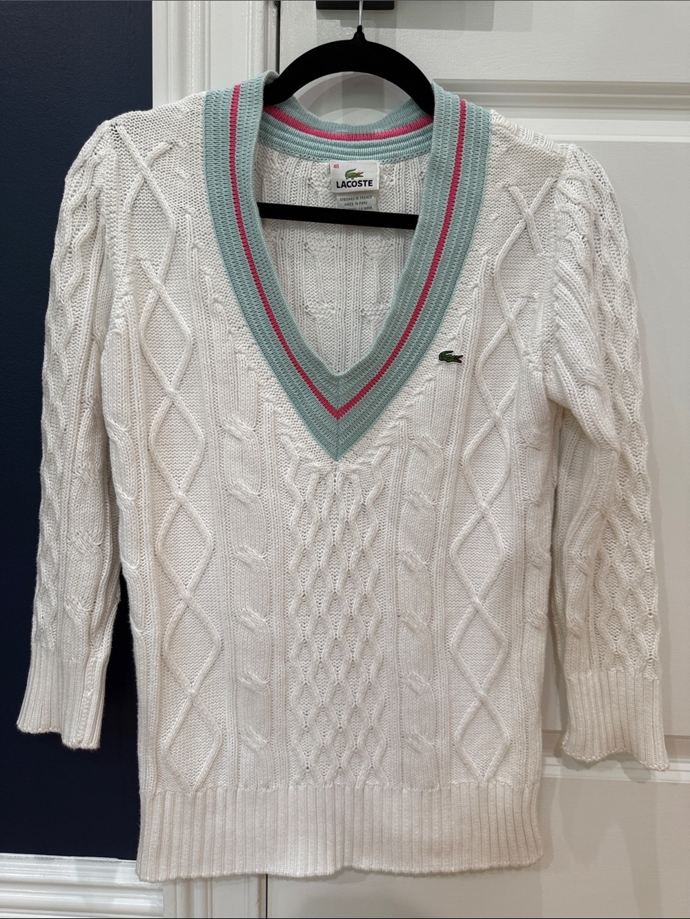 Lacoste White Cable-Knit V-Neck Sweater with Blue & Pink Trim